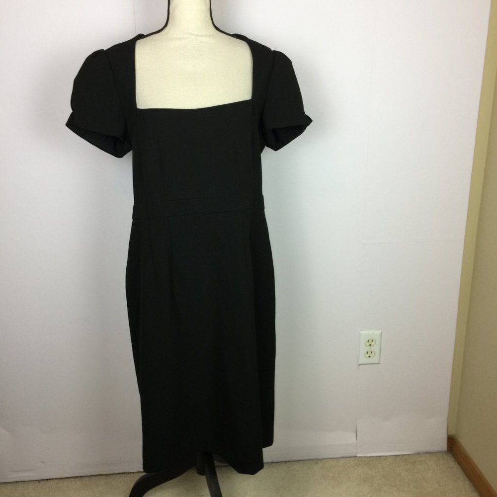 Allegory Sheath Dress Size 14 Womans Black Knit Square Neck Puff Sleeve Stretch